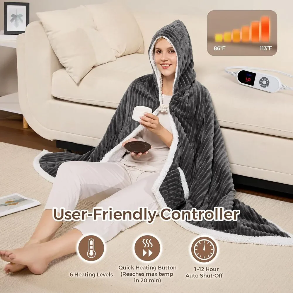 NWT FIGERM Flannel & Sherpa Wearable Heated Electric Blanket (40x70